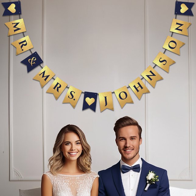 Hochzeit Navy Blue Imitate Gold Herz Mr. & Mrs. Na Wimpelkette (Von Creator hochgeladen)