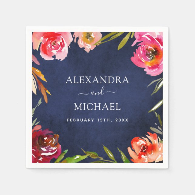 Hochzeit Navy Blume Elegante Wasserfarbe Serviette (Vorderseite)