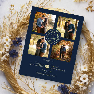 Hochzeit Navy Gold 4 Fotos Modernes Collage Script Magnetkarte