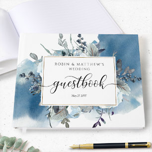 Hochzeit oder andere, blaue Wasserfarbe und Blumen Gästebuch