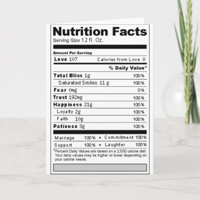 Hochzeit oder Jubiläum Süßes Funny Nutrition Label Karte (Vorderseite)