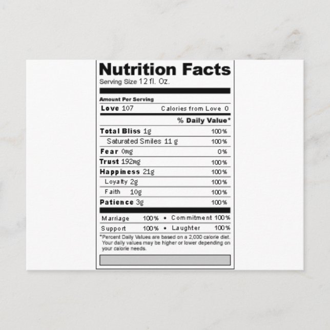 Hochzeit oder Jubiläum Süßes Funny Nutrition Label Postkarte (Vorderseite)