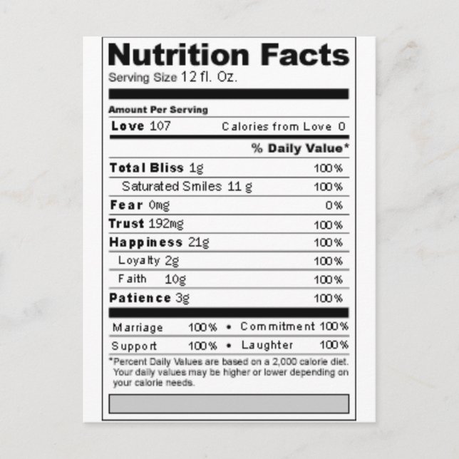 Hochzeit oder Jubiläum Süßes Funny Nutrition Label Postkarte (Vorderseite)