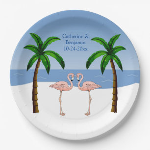 Hochzeit oder Verlobung Flamingos Beach Palmen Pappteller