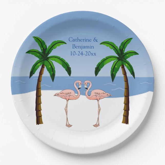 Hochzeit oder Verlobung Flamingos Beach Palmen Pappteller (Vorderseite)