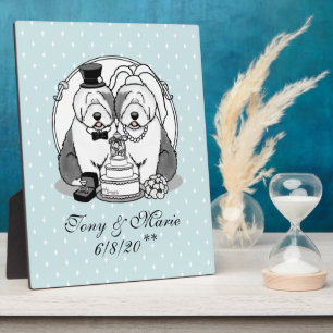 Hochzeit Old English Sheepdogs Braut Bräutigam Gra Fotoplatte