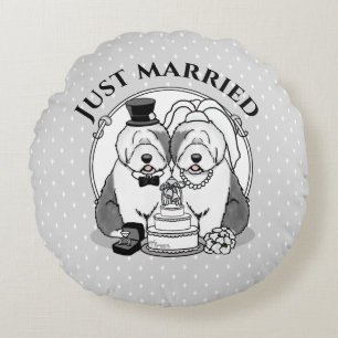 Hochzeit Old English Sheepdogs Bride Groom Gray 1 Rundes Kissen