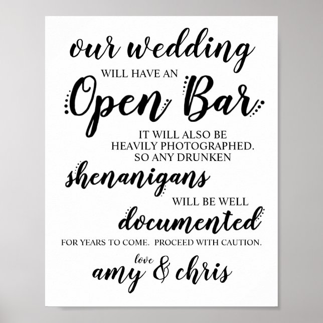 Hochzeit Open Bar Funny Drunken Shenanigans Unters Poster (Vorne)
