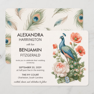 Hochzeit Pfau Botanisch | Vintage-Blumenkunst Einladung