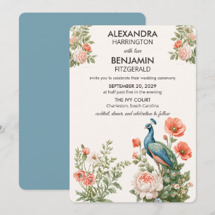 Hochzeit Pfau Botanisch Vintage-Blumenkunst Einladung
