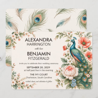 Hochzeit Pfau Botanisch | Vintage Blumenkunst Einladung
