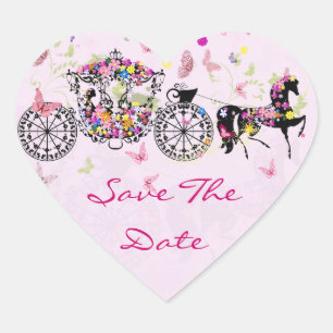 Hochzeit Pferd & Kutsche Blumen & Schmetterlinge Herz-Aufkleber