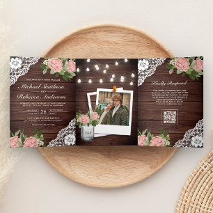 Hochzeit QR-Code Holzlace Dusty Rose Lichterkette Dreifach Gefaltete Einladung