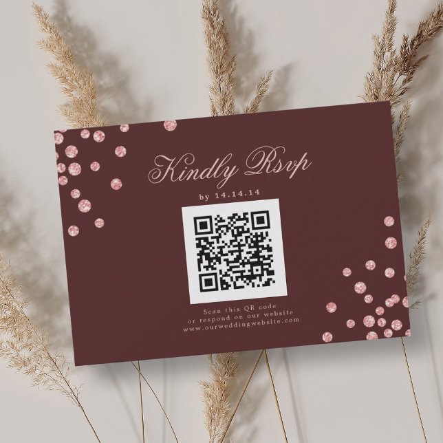 Hochzeit QR UAWG Rose Gold Confetti Burgundy Red RSVP Karte (Wedding QR RSVP Rose Gold Confetti Burgundy Red)