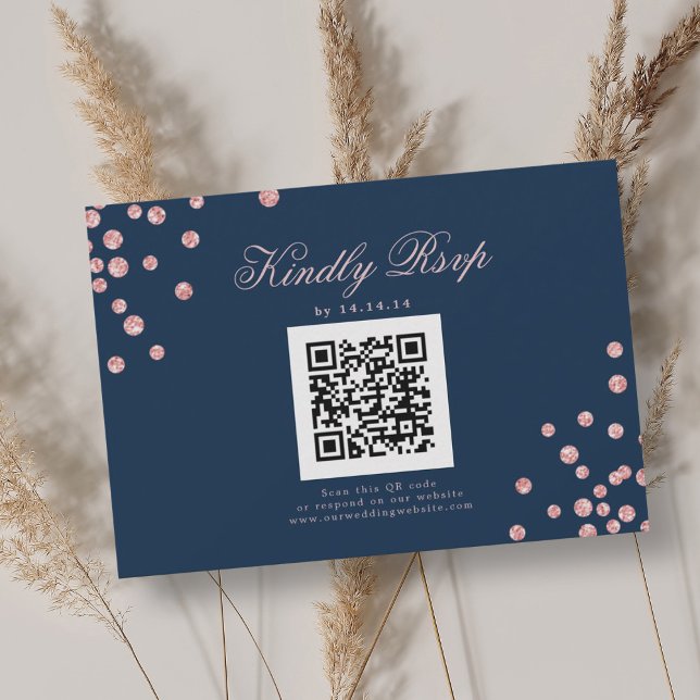 Hochzeit QR UAWG Rose Gold Confetti Navy Blue RSVP Karte (Wedding QR RSVP Rose Gold Confetti Navy Blue )