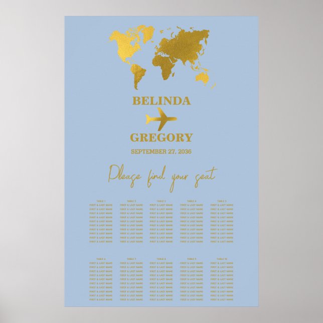 Hochzeit Reisepass Staubblau Gold Sitzplan Poster (Vorne)