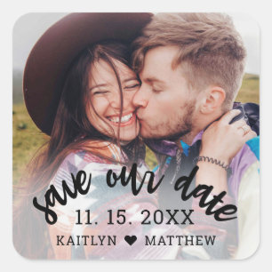 Hochzeit Rette unser Date Foto Modernes Script Mon Quadratischer Aufkleber