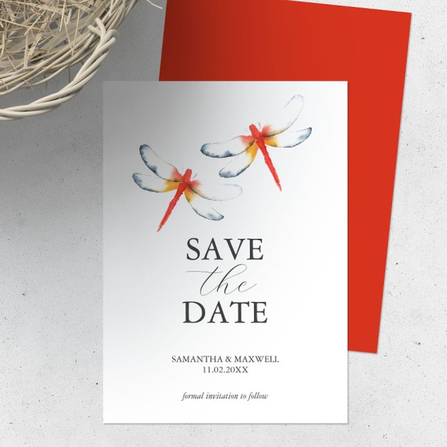 Hochzeit rettet das Datum Roter Dragonfly Save The Date (Wedding theme red dragonfly Save the date invitation Victoria Grigaliunas Florida watercolor artist)