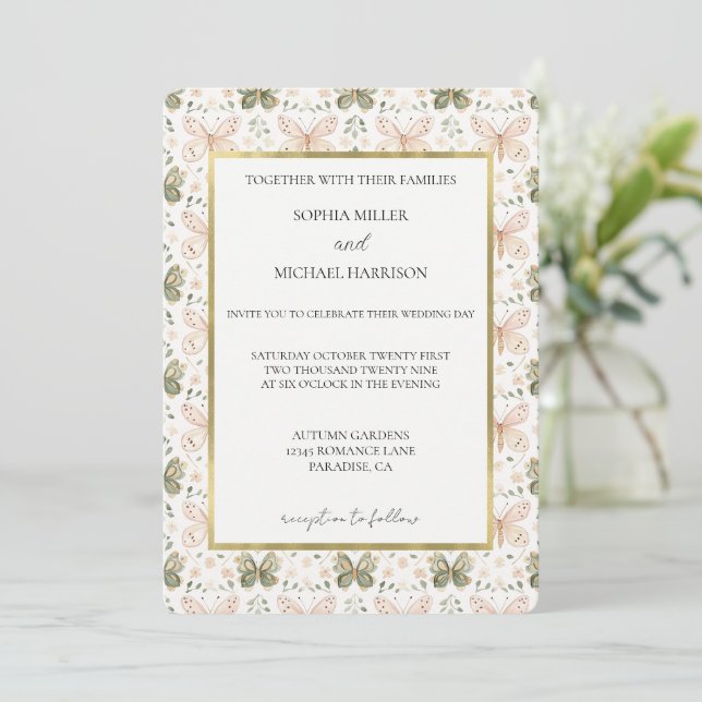 Hochzeit rosa grüne Schmetterlinge Einladung (Stehend Vorderseite)