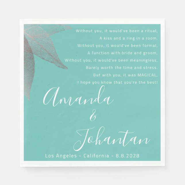 Hochzeit Rose Dankeschön an Gedicht Floral Name Serviette (Vorderseite)