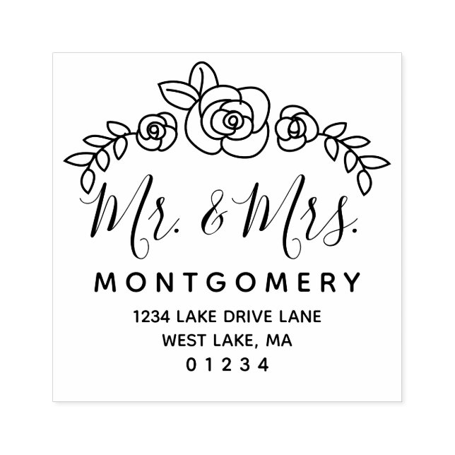 Hochzeit Rose Floral & Mrs. Rücksendeadresse Gummistempel (Prägung)