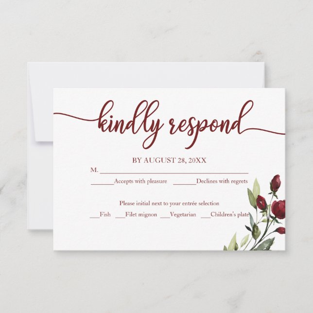 Hochzeit RSVP Card Burgundy Floral Rustic Wood Karte (Vorderseite)