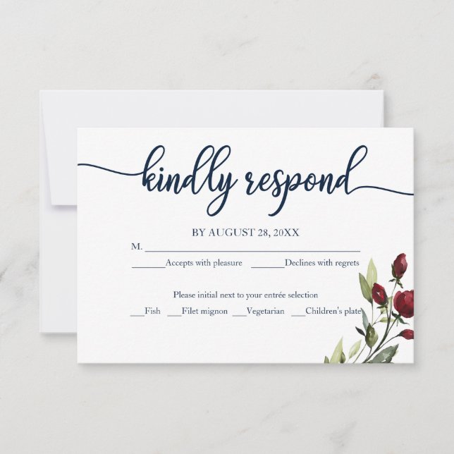 Hochzeit RSVP Card Burgundy Navy Blue Floral (Vorderseite)