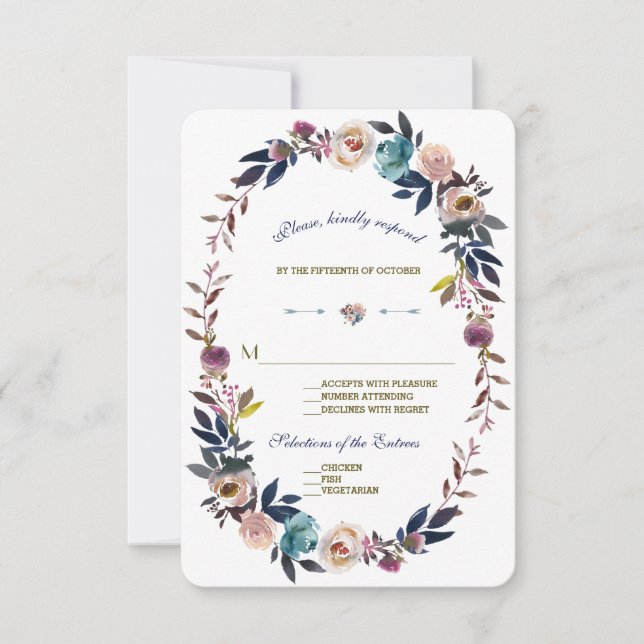 Hochzeit RSVP | Dusty Blue Misty Rose Wreath Karte (Vorderseite)