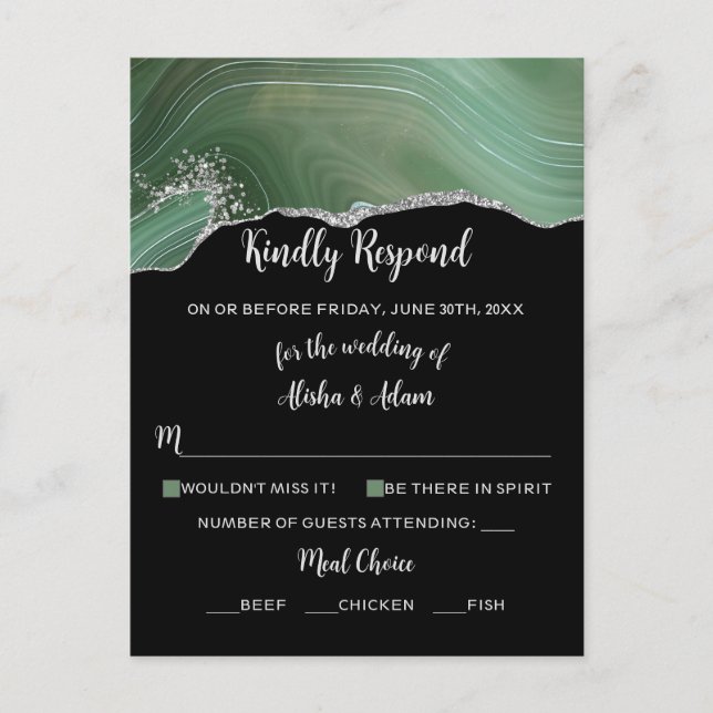 Hochzeit RSVP Green Agate Silver Glitzer auf Black Postkarte (Vorderseite)