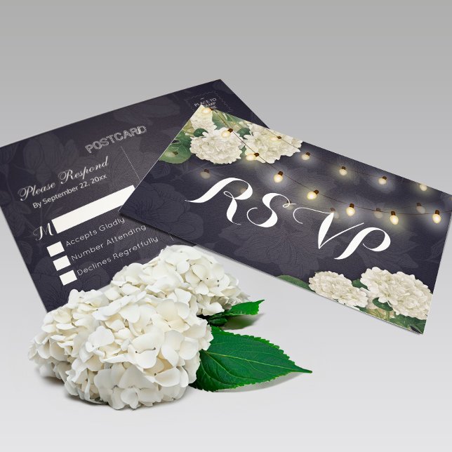 Hochzeit RSVP Hydrangea Blume String Lights Blue Postkarte (Von Creator hochgeladen)