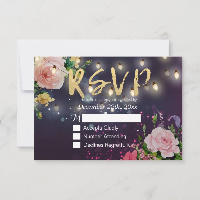 Hochzeit RSVP Lila Sparkle String Lights Karte (Vorderseite)