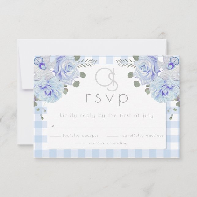 Hochzeit RSVP | Monogram Blue Gingham Floral Karte (Vorderseite)
