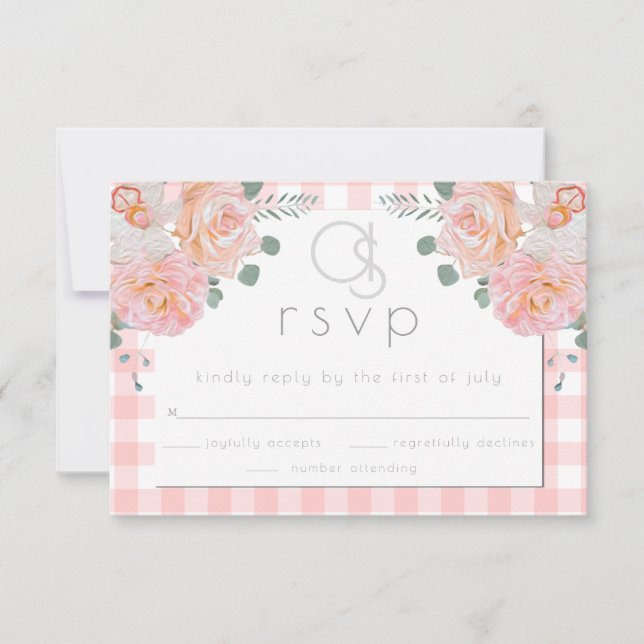 Hochzeit RSVP | Monogram Coral Gingham Floral Karte (Vorderseite)