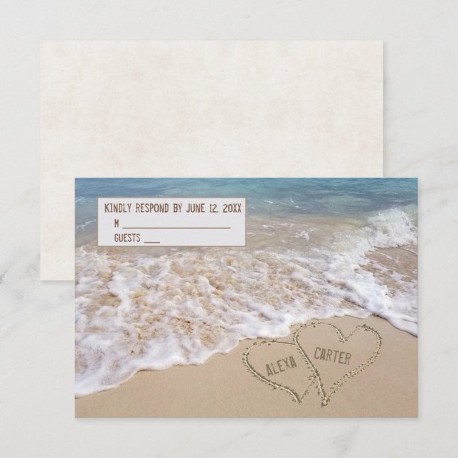 Hochzeit RSVP Ocean Beach Hearts Karte (Vorne/Hinten)