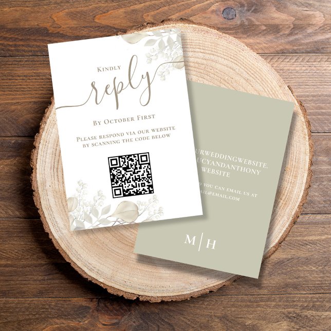 Hochzeit RSVP QR Code Elegante Landschaft Karte (Simple Wedding reply card with a sage green background and QR code template.)