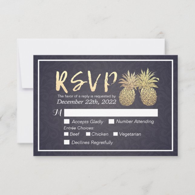 Hochzeit RSVP Reply Gold Ananas Couple Navy Blue (Vorderseite)