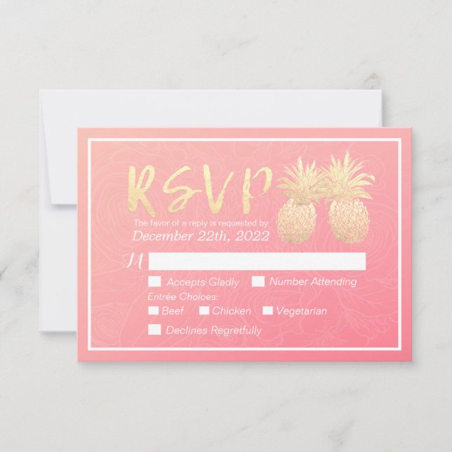 Hochzeit RSVP Reply Gold Ananas Couple Pink Rose (Vorderseite)