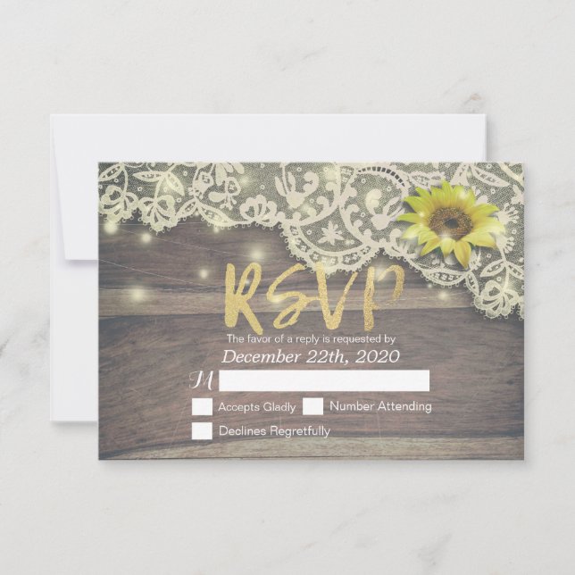 Hochzeit RSVP Reply Lace Sunflower Barn Wood Light (Vorderseite)