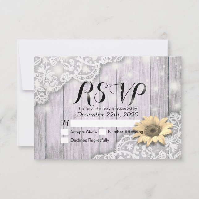 Hochzeit RSVP Reply Lace Sunflower Barn Wood Light (Vorderseite)