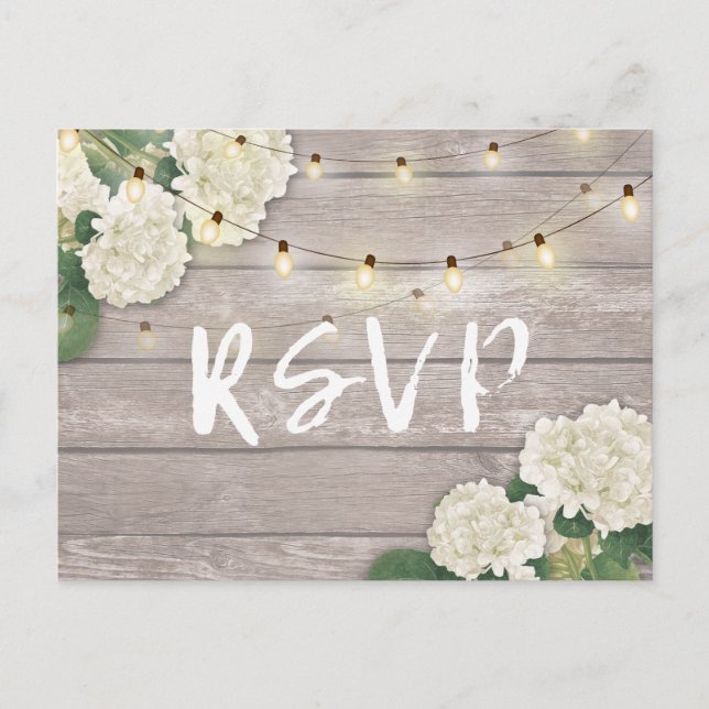 Hochzeit RSVP Rustic Wood Hydrangea String Lights Einladungspostkarte (Vorderseite)