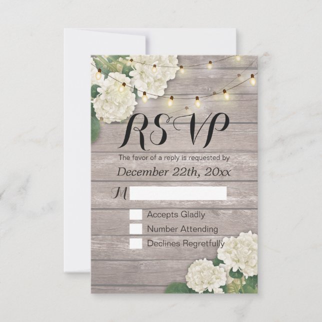 Hochzeit RSVP Rustic Wood Hydrangea String Lights Karte (Vorderseite)