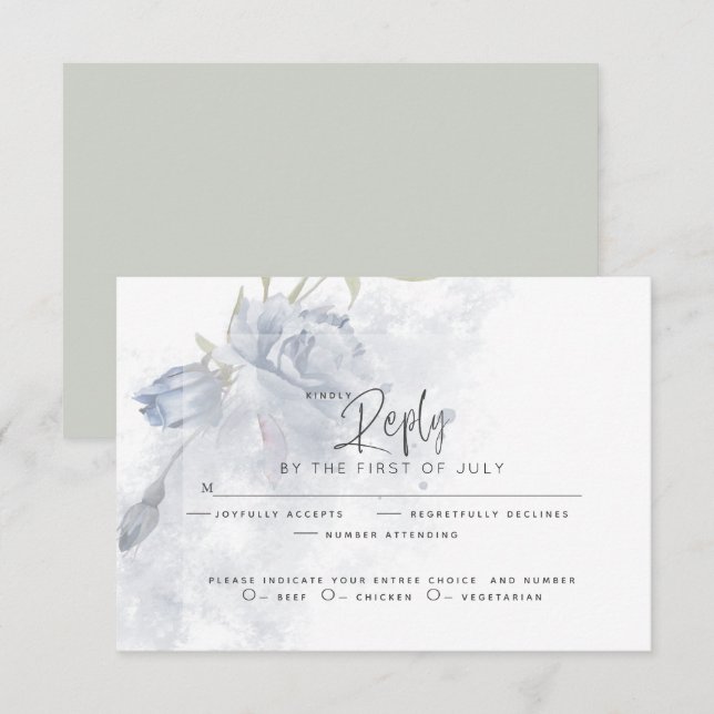 Hochzeit RSVP | Rustikale Aquarellfarbe Dusty Blue Karte (Vorne/Hinten)