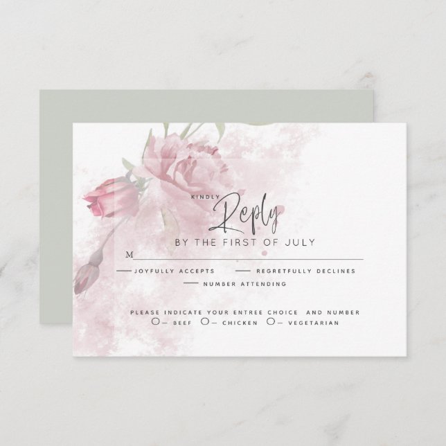Hochzeit RSVP | Rustikale Wasserfarbe Rosa Rose (Vorne/Hinten)
