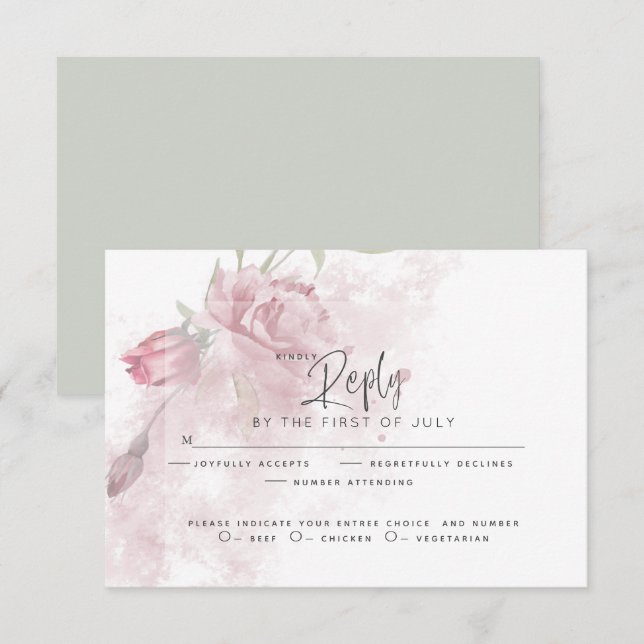Hochzeit RSVP | Rustikale Wasserfarbe Rosa Rose Karte (Vorne/Hinten)