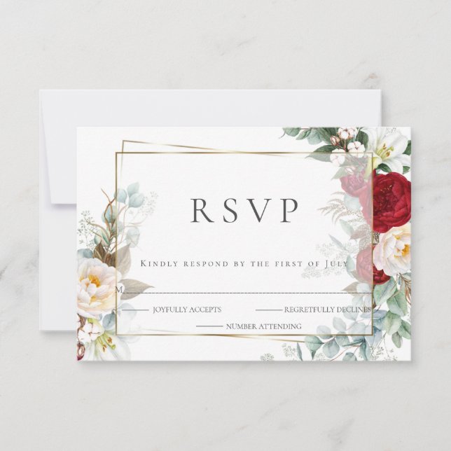 Hochzeit RSVP | Scarlet und Elfenbeinpeony Floral Karte (Vorderseite)