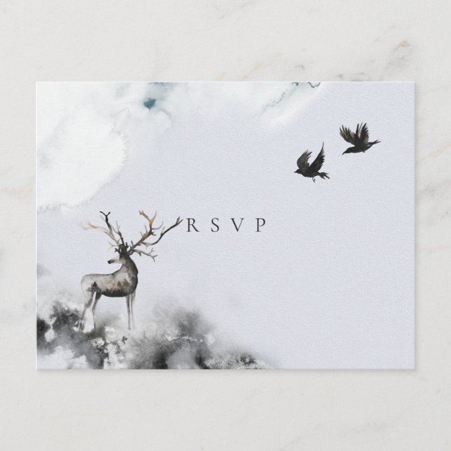 Hochzeit RSVP Verzauberter Wald Stag Moon Einladungspostkarte (Vorderseite)