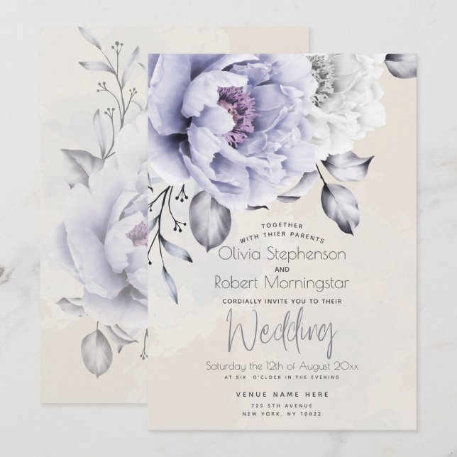 HOCHZEIT | Rustic Lilac and Alabaster Peony Floral Einladung (Vorne/Hinten)