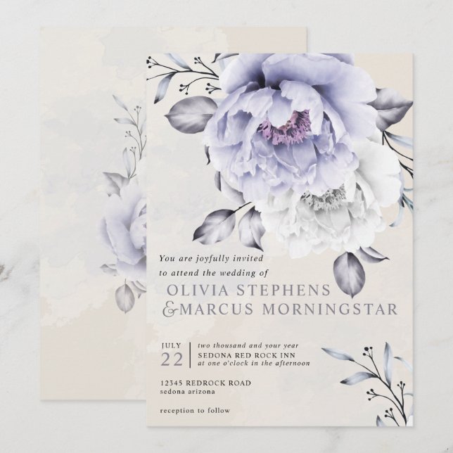 Hochzeit | Rustic Lilac and Alabaster Peony Floral Einladung (Vorne/Hinten)