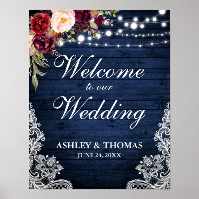 Hochzeit rustikal blaues Holz Lichter Lace Burgund Poster (Vorne)