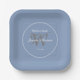 Hochzeit rustikal Dusty Blue Gray Elegant Monogram Pappteller